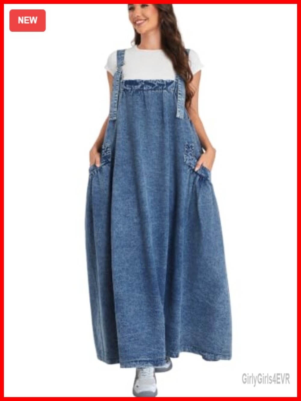 Denim Jumper Dress Loose Baggy Maxi Adjustable Straps Wide Hem Women